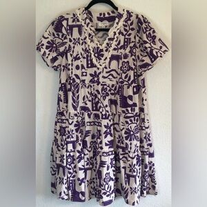 UMGEE Abstract Artsy Off-White + Purple Floral Animal Print Babydoll Dress